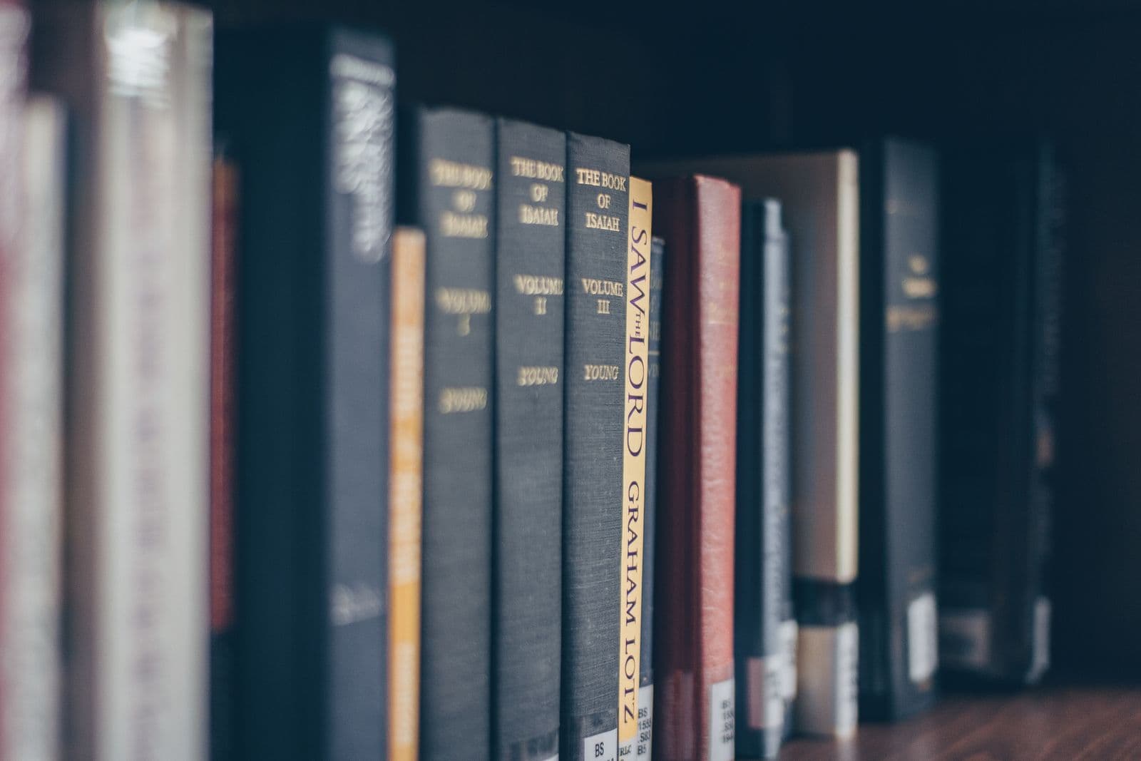 Spines of catalogued volumes ranged along a shelf