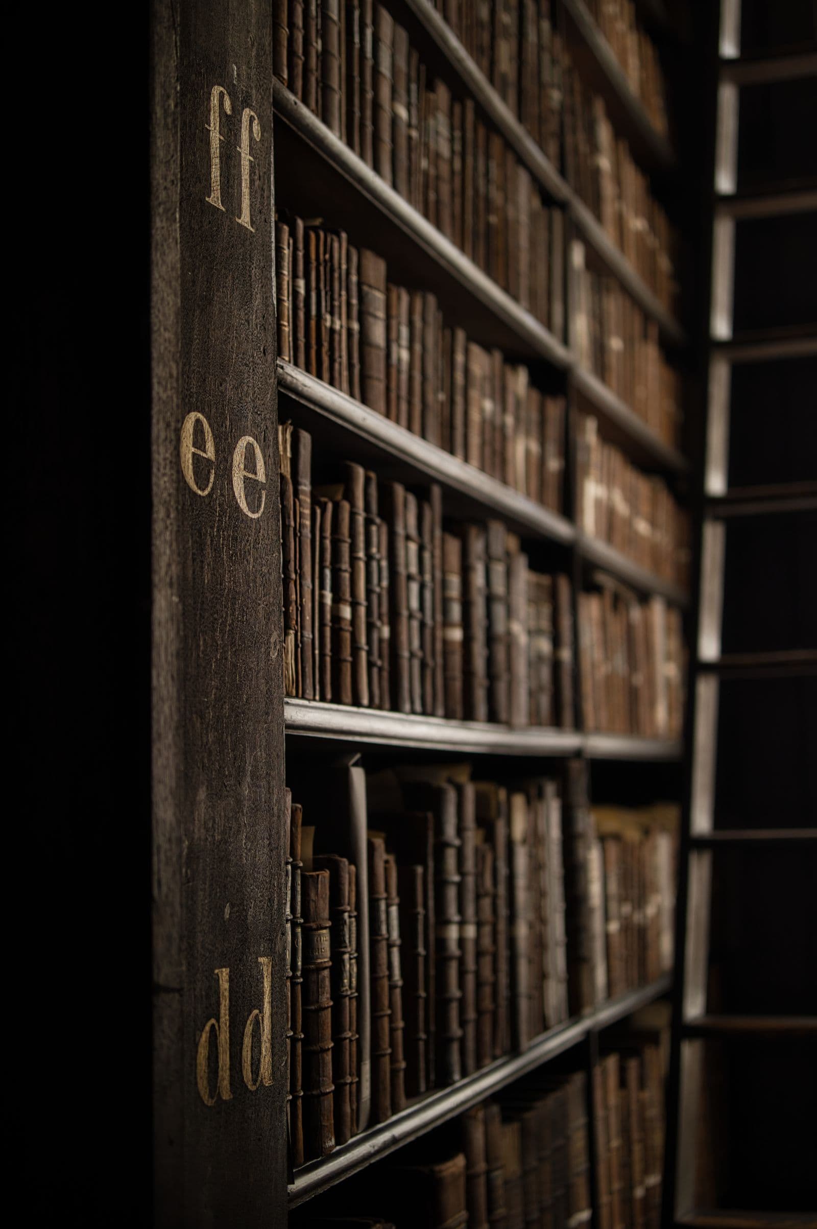 Rows of bound volumes standing on wooden shelving